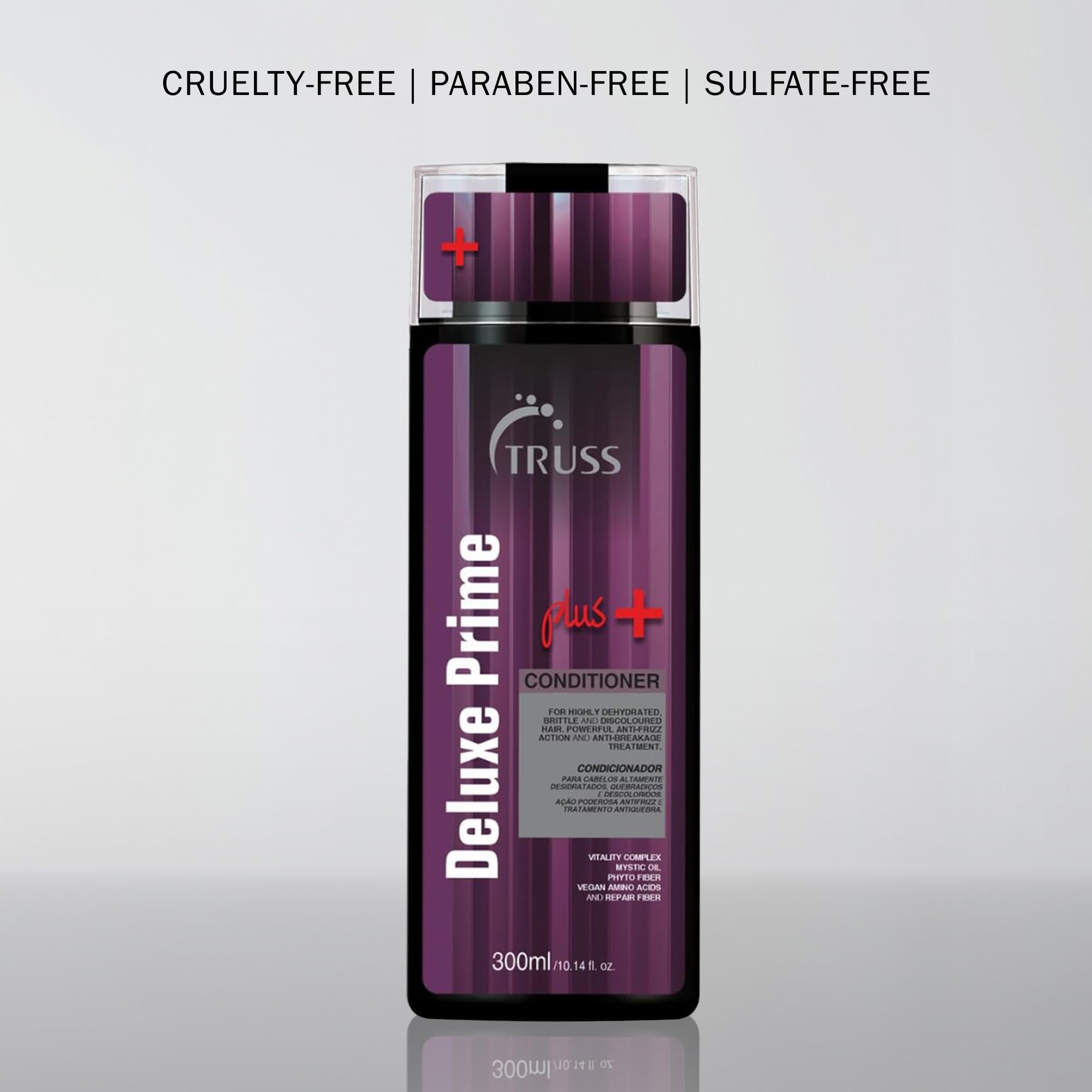 TRUSS Deluxe Prime Deep Conditioner bottle with swatch demonstrates how it densifies texture.