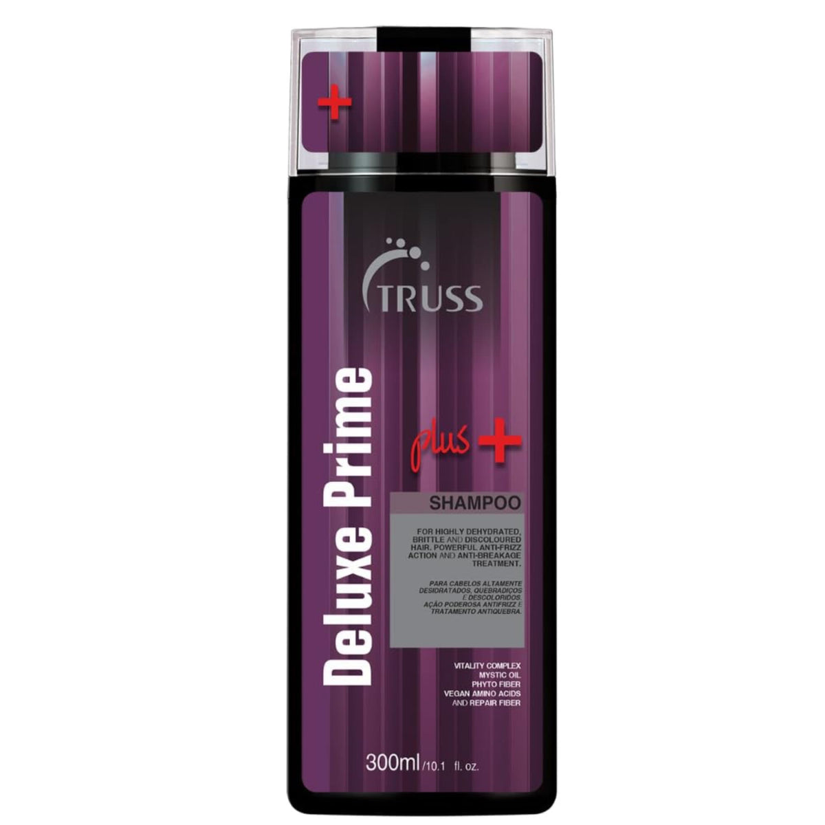 TRUSS Deluxe Prime Plus+ Shampoo bottle pour showing hydrating care for dry hair