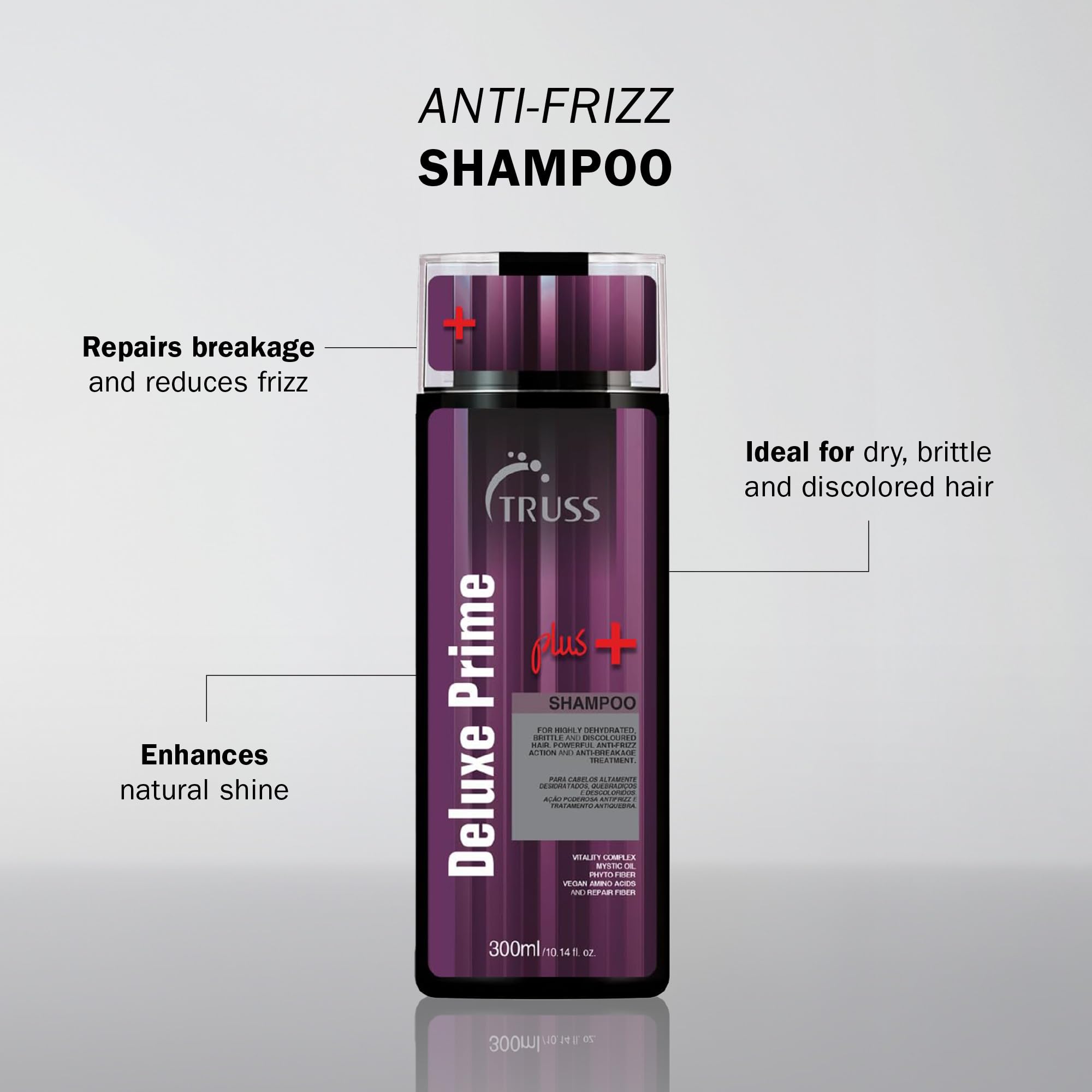 TRUSS Deluxe Prime Plus+ Shampoo closeup highlights frizz-control for smoother strands