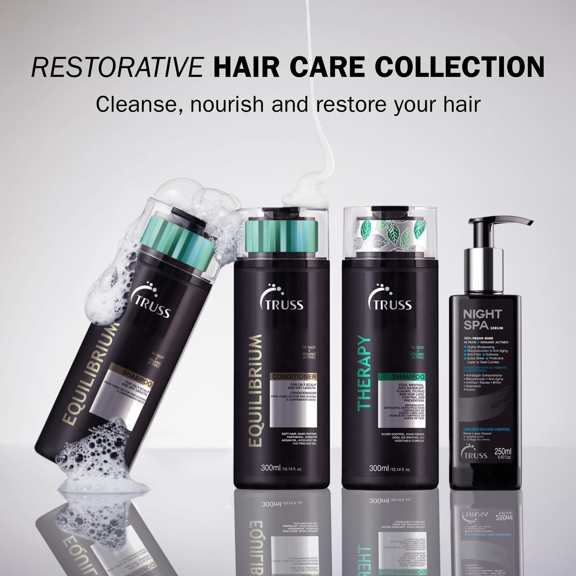 TRUSS Equilibrium bottle-pour image captures generous lather while balancing scalp and hair.
