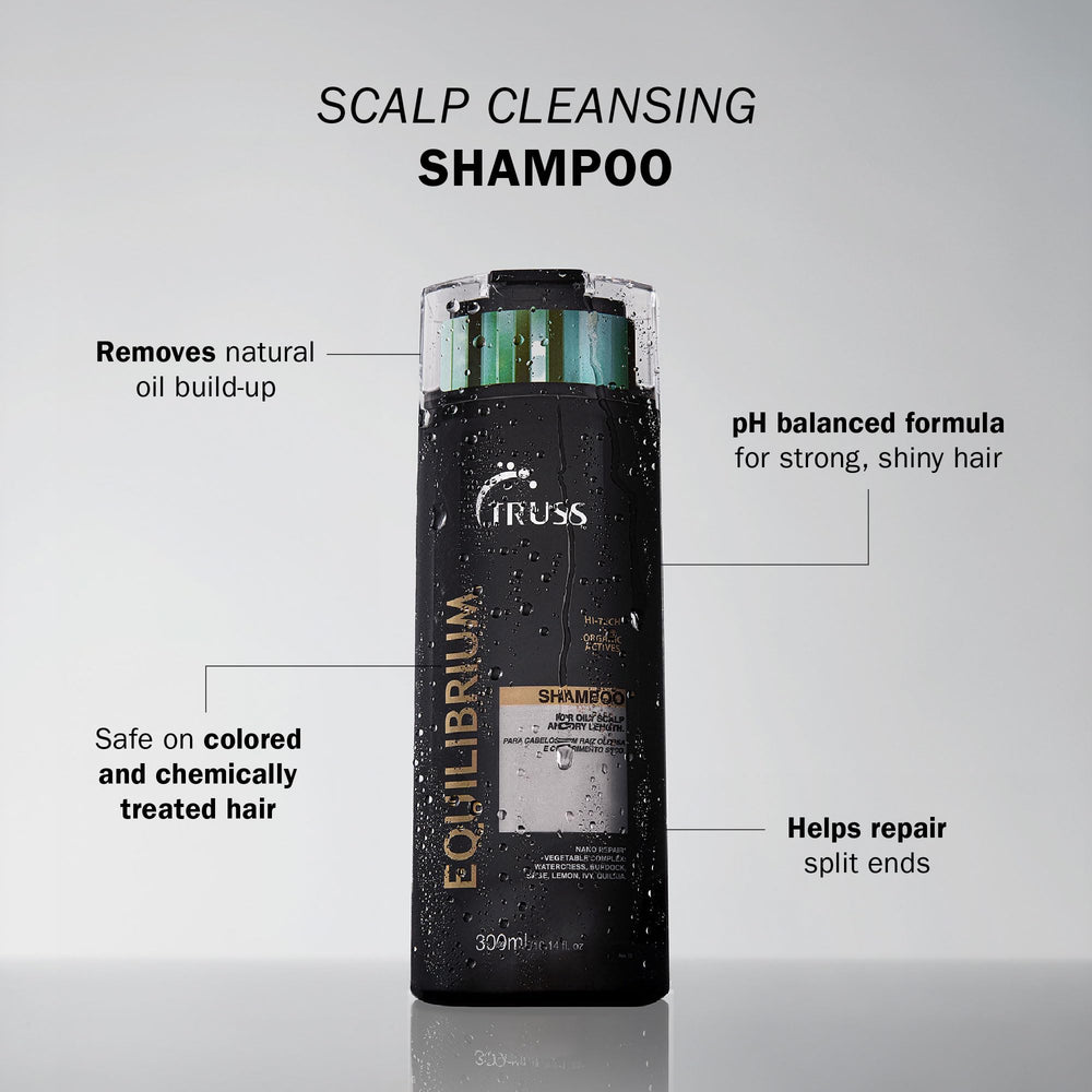 TRUSS Equilibrium oily-scalp shot demonstrates purifying cleanse helping reduce excess shine.