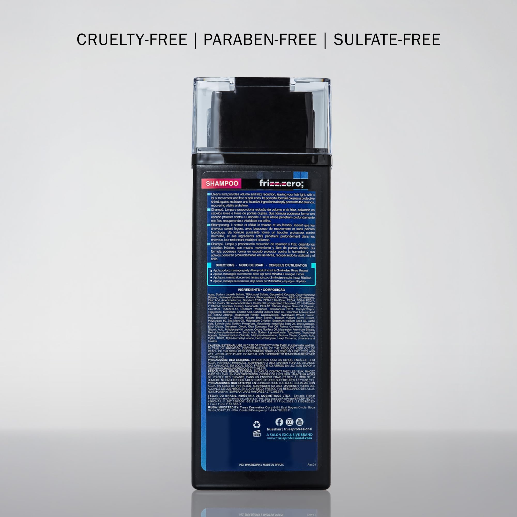 TRUSS Frizz Zero Shampoo daily-use routine demonstration on bathroom shelf