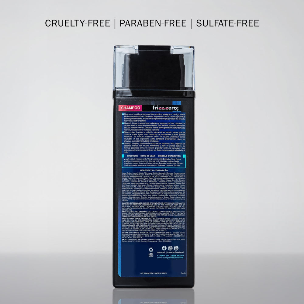 TRUSS Frizz Zero Shampoo daily-use routine demonstration on bathroom shelf