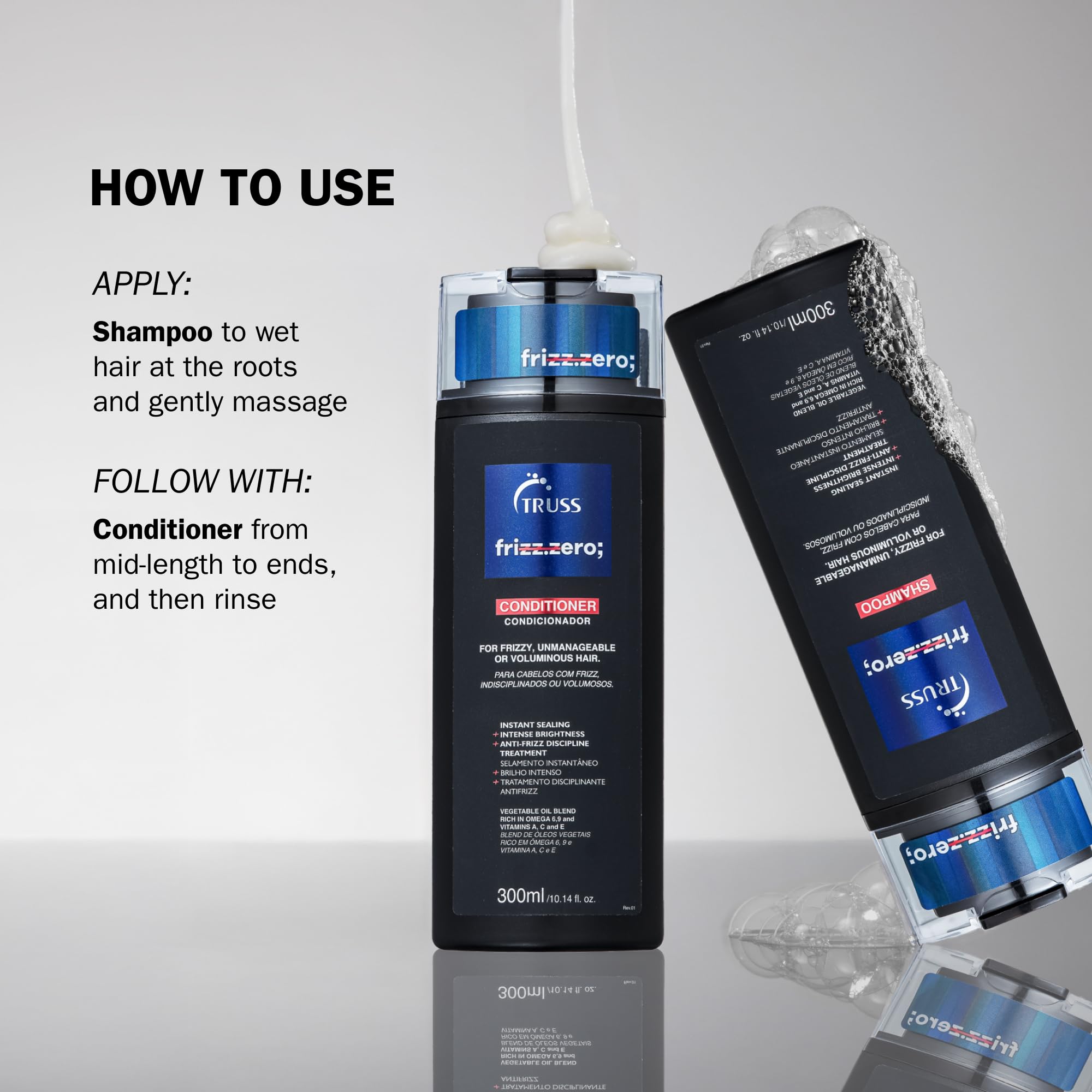 TRUSS Frizz Zero Shampoo volume and shine scene highlights hair with movement and brightness