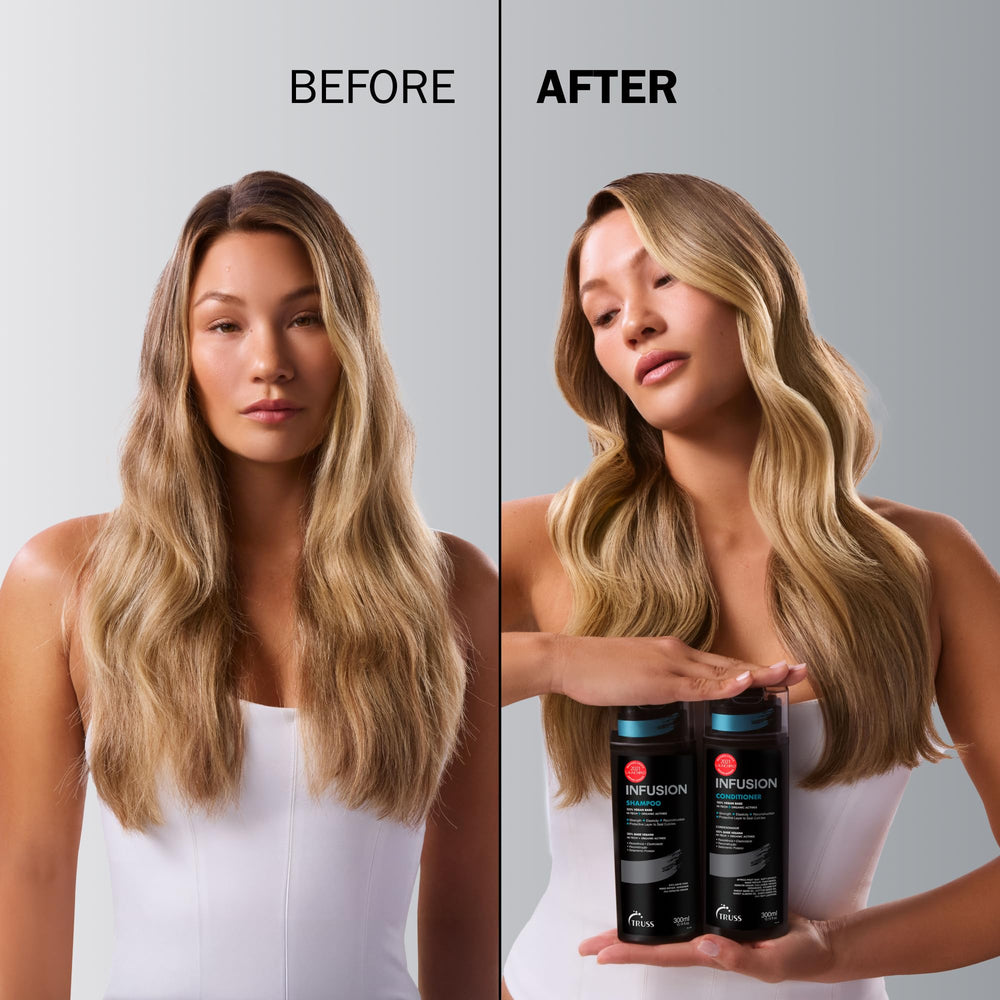 TRUSS Infusion Hair Shampoo foam demonstrating gentle cleansing for dry hair.