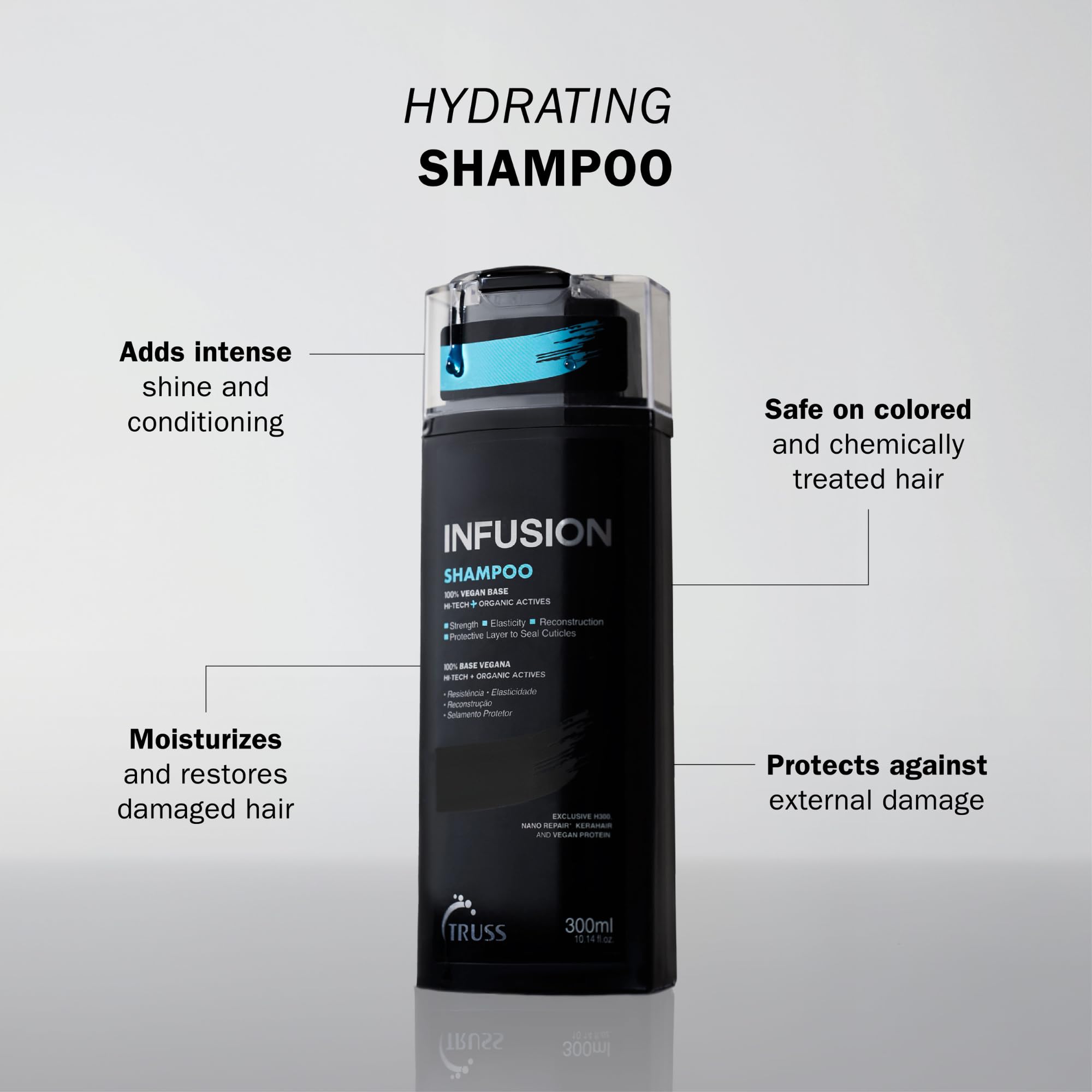 TRUSS Infusion Hair Shampoo label close-up highlighting color-safe anti-aging formula.