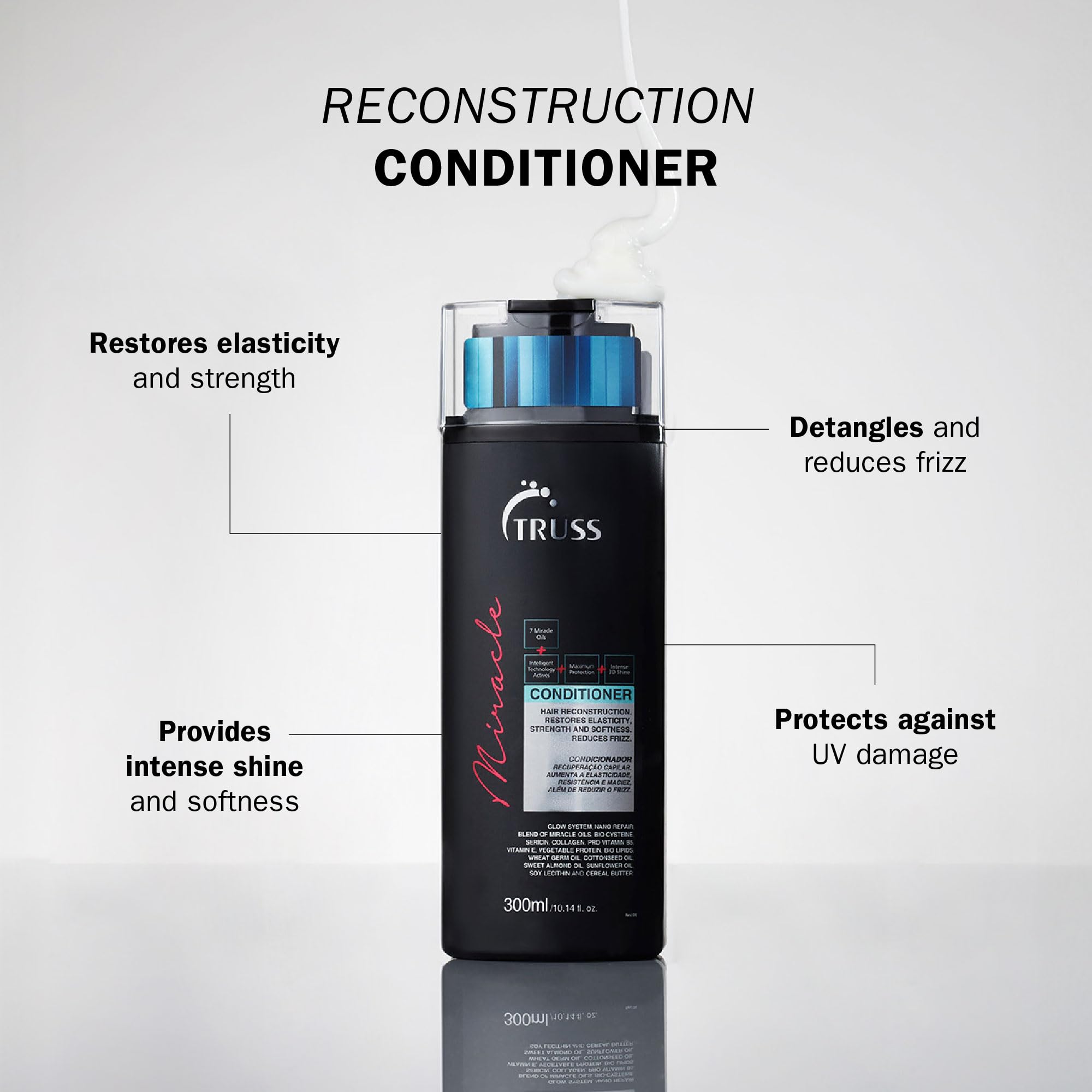 TRUSS Miracle Hair Conditioner pump delivers even distribution for gentle detangling during styling.