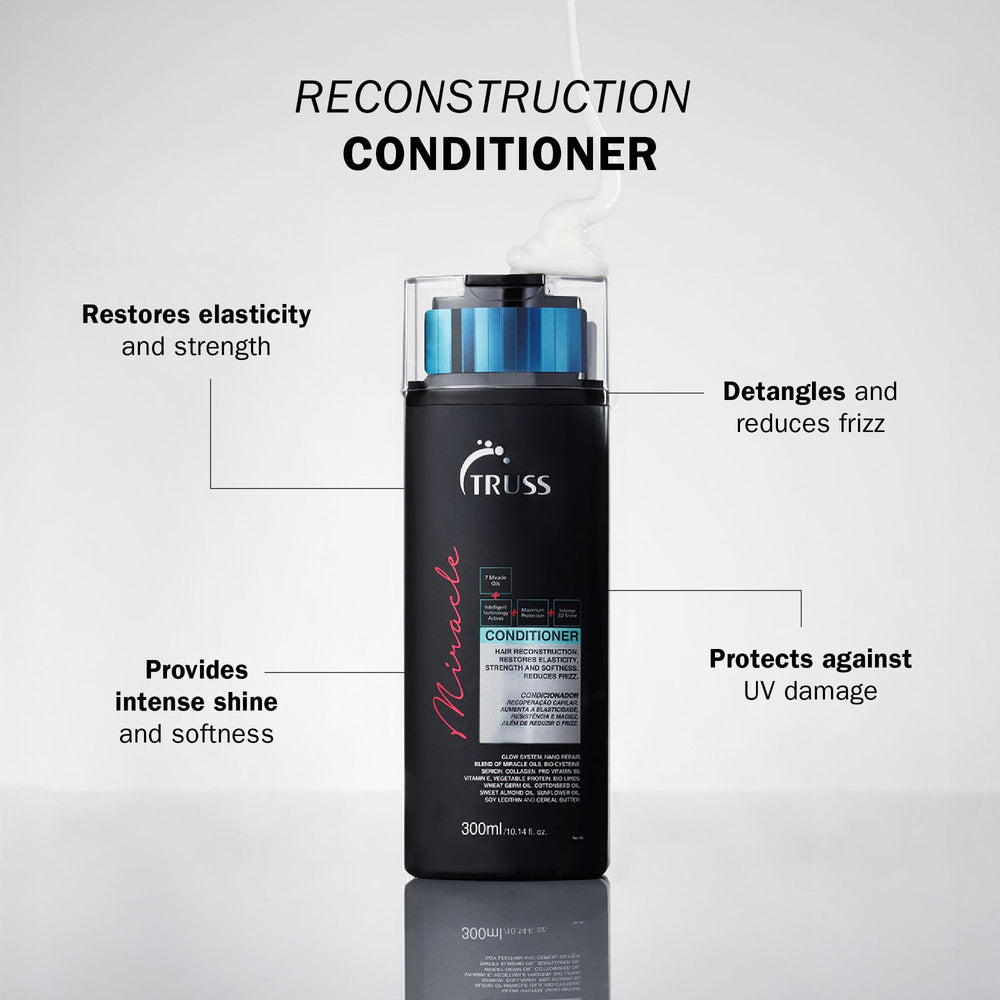 TRUSS Miracle Hair Conditioner pump delivers even distribution for gentle detangling during styling.