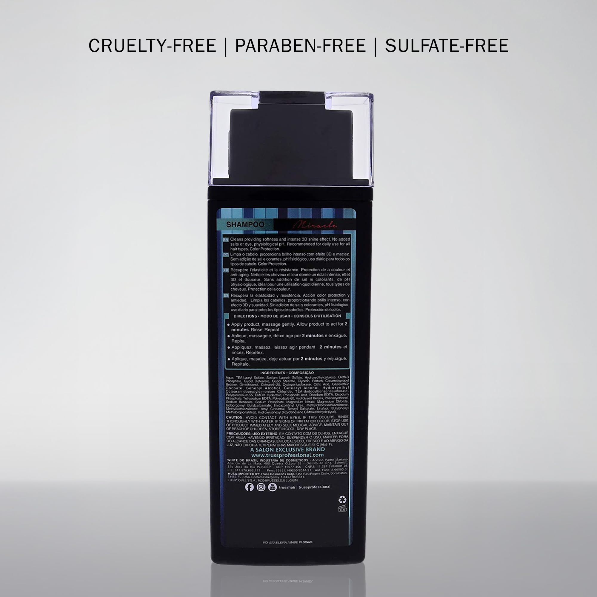 TRUSS Miracle Hair Shampoo application view shows easy massage and quick two-minute rinse.