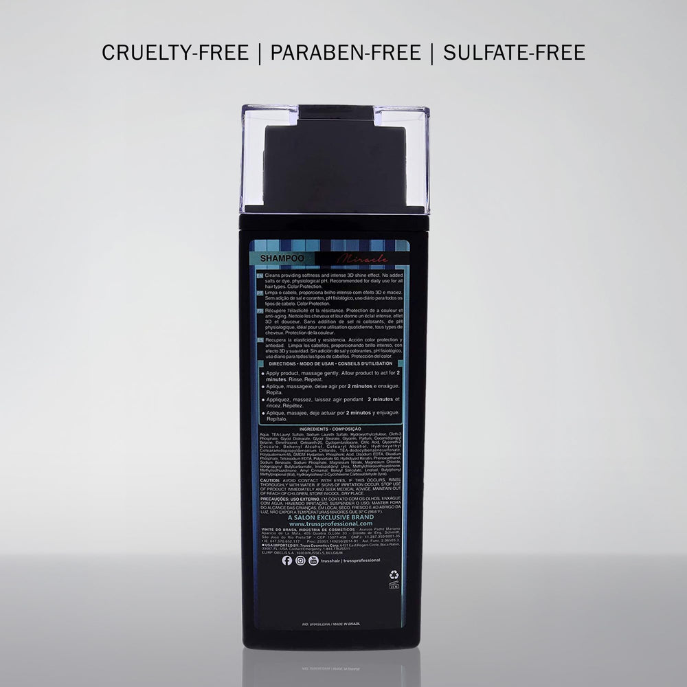 TRUSS Miracle Hair Shampoo application view shows easy massage and quick two-minute rinse.