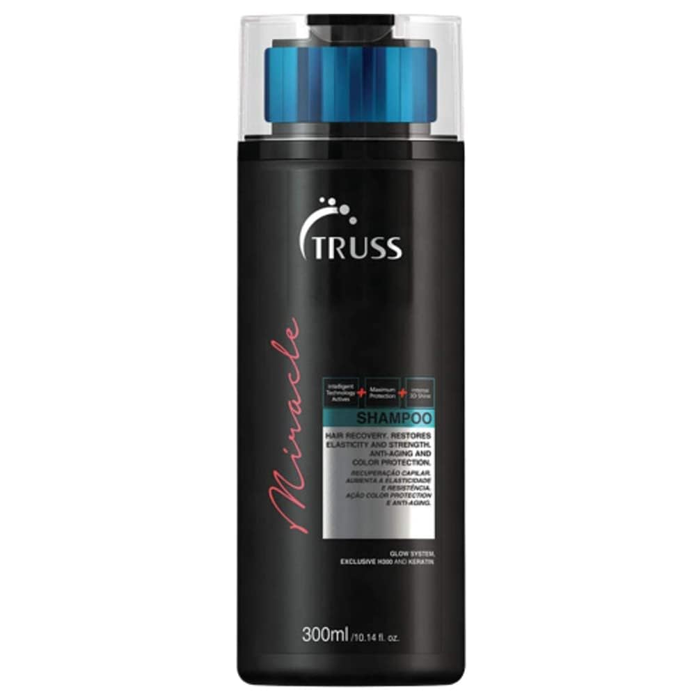 TRUSS Miracle Hair Shampoo bottle shows color-safe formula for vibrant color and UV protection.