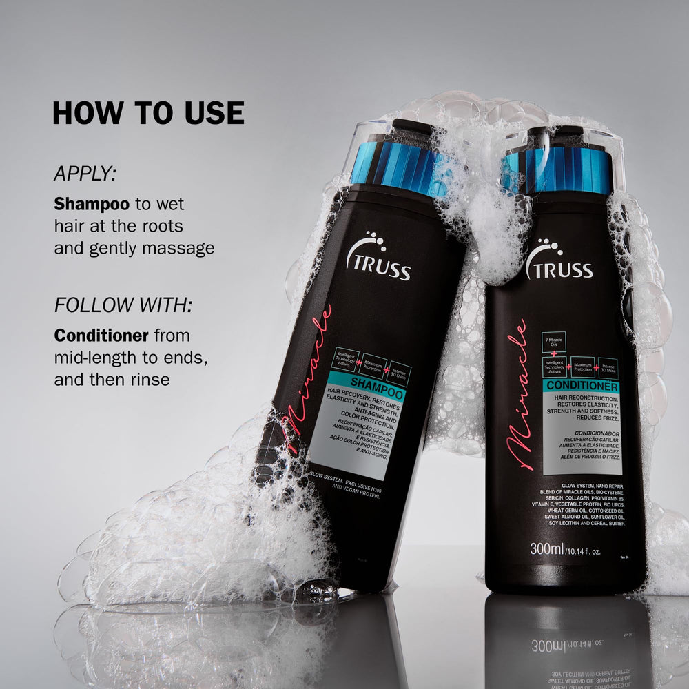 TRUSS Miracle Hair Shampoo keratin action close-up emphasizes repairing damaged cuticles.
