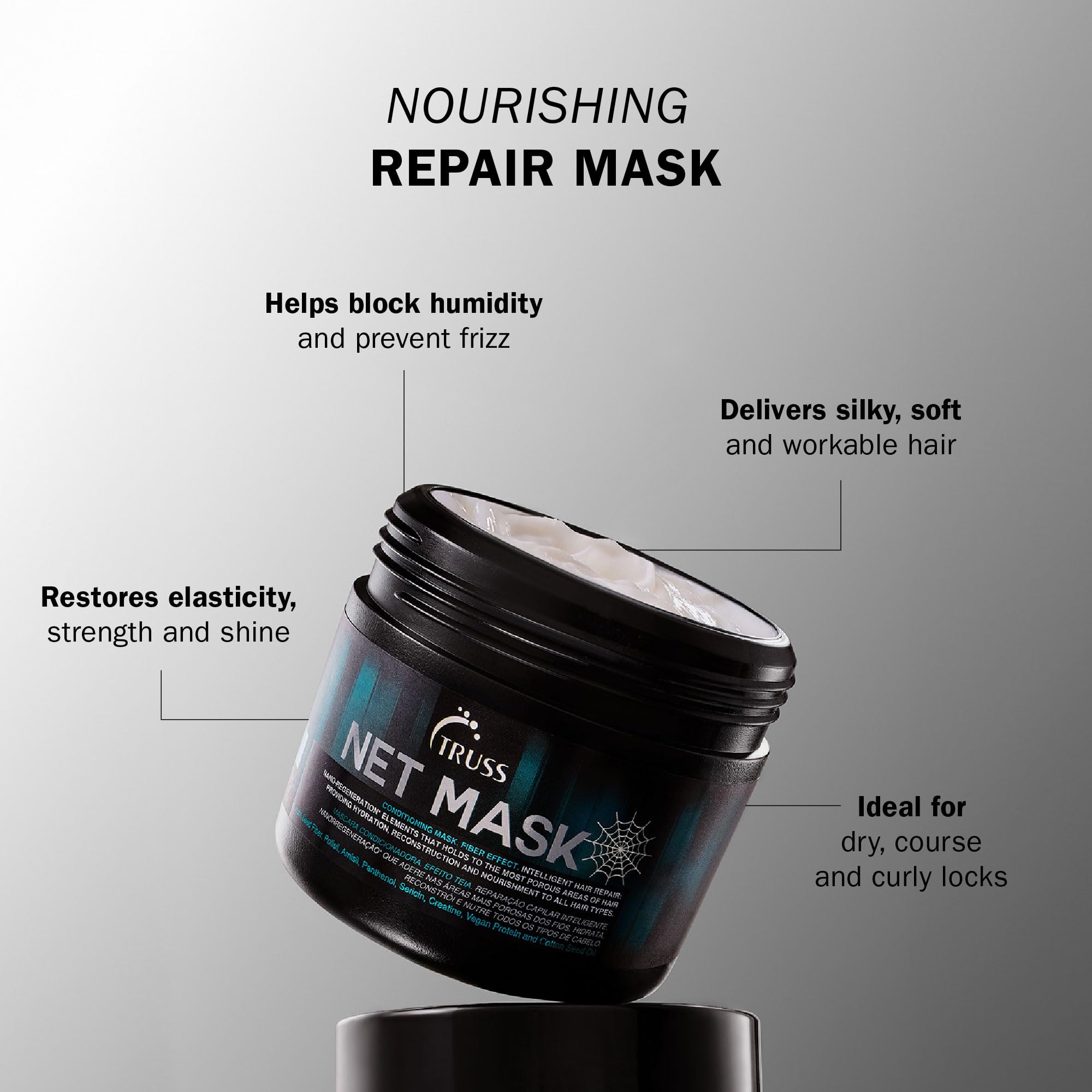 TRUSS Net Deep Conditioning Hair Mask label closeup highlights premium proteins for hair repair