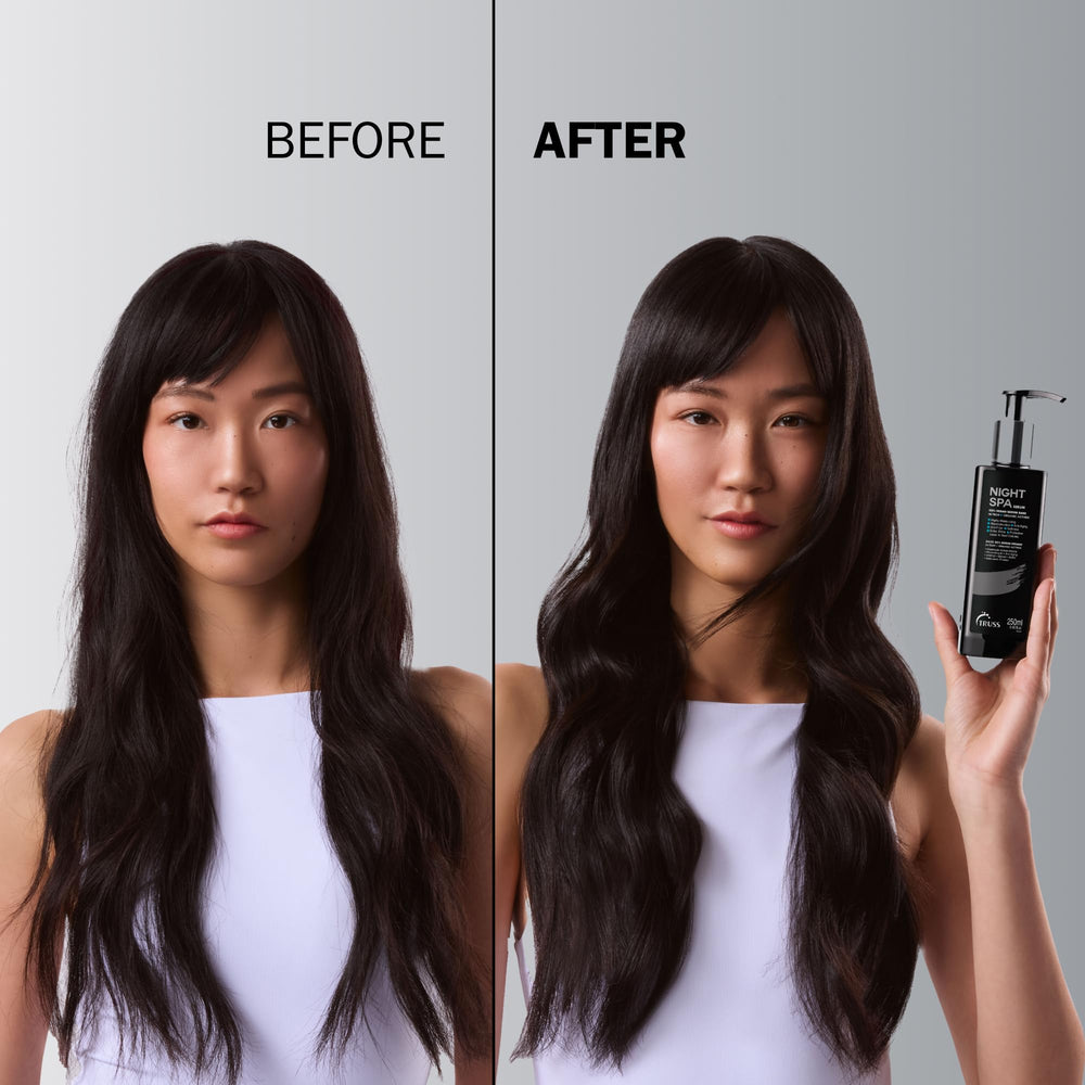 TRUSS Night Spa Overnight Hair Serum applied to wet hair demonstrates easy spread.