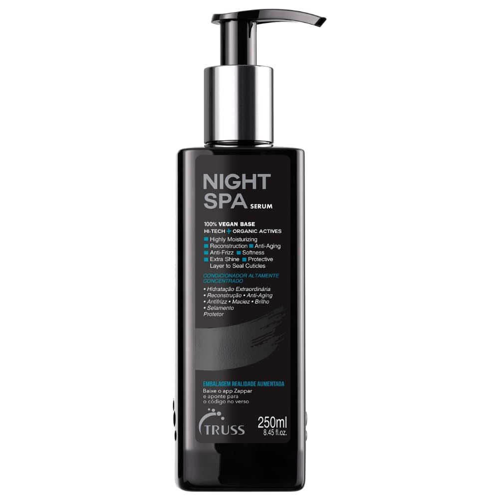 TRUSS Night Spa Overnight Hair Serum bottle shows hydration for dry hair.