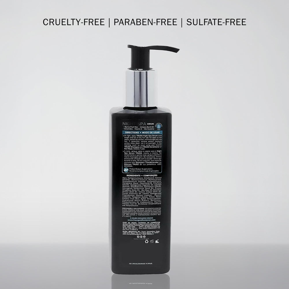 TRUSS Night Spa Overnight Hair Serum ceramides support cuticle sealing.