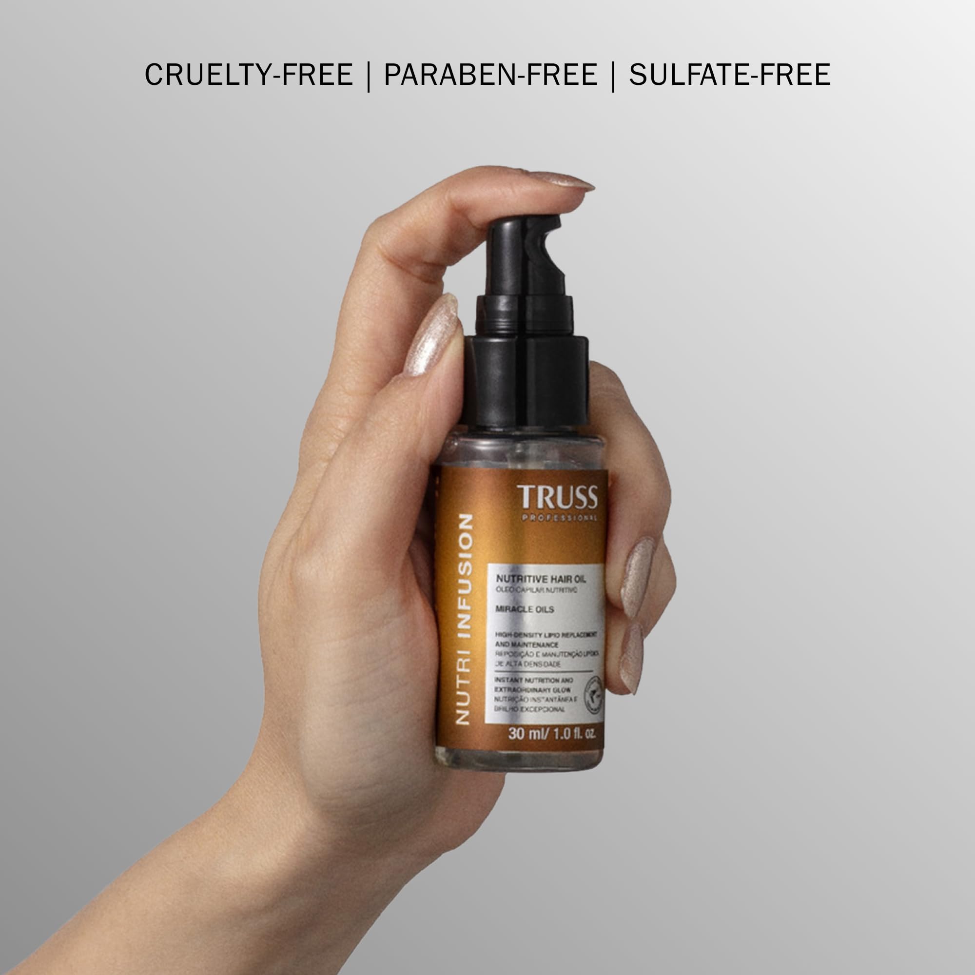 TRUSS Nutri Infusion Hair Oil texture close-up, silky oil for hair