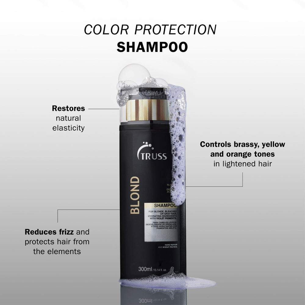 TRUSS purple shampoo bottle pour shows brassy-neutralizing action for blonde hair