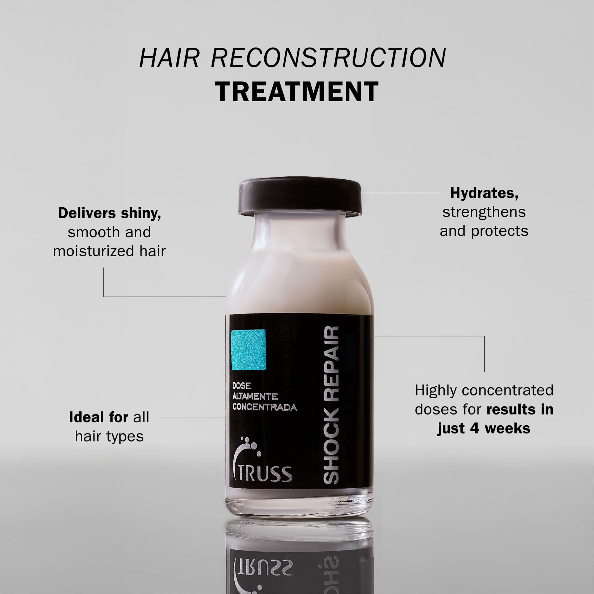 TRUSS Repairing Hair Serum ampoule applied to damp hair for hydration.
