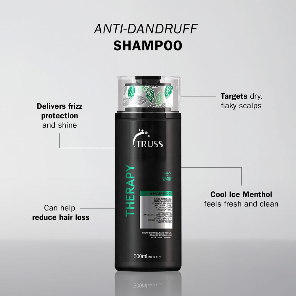 TRUSS Therapy Anti Dandruff Shampoo label closeup highlights pH-balanced paraben-free formula.