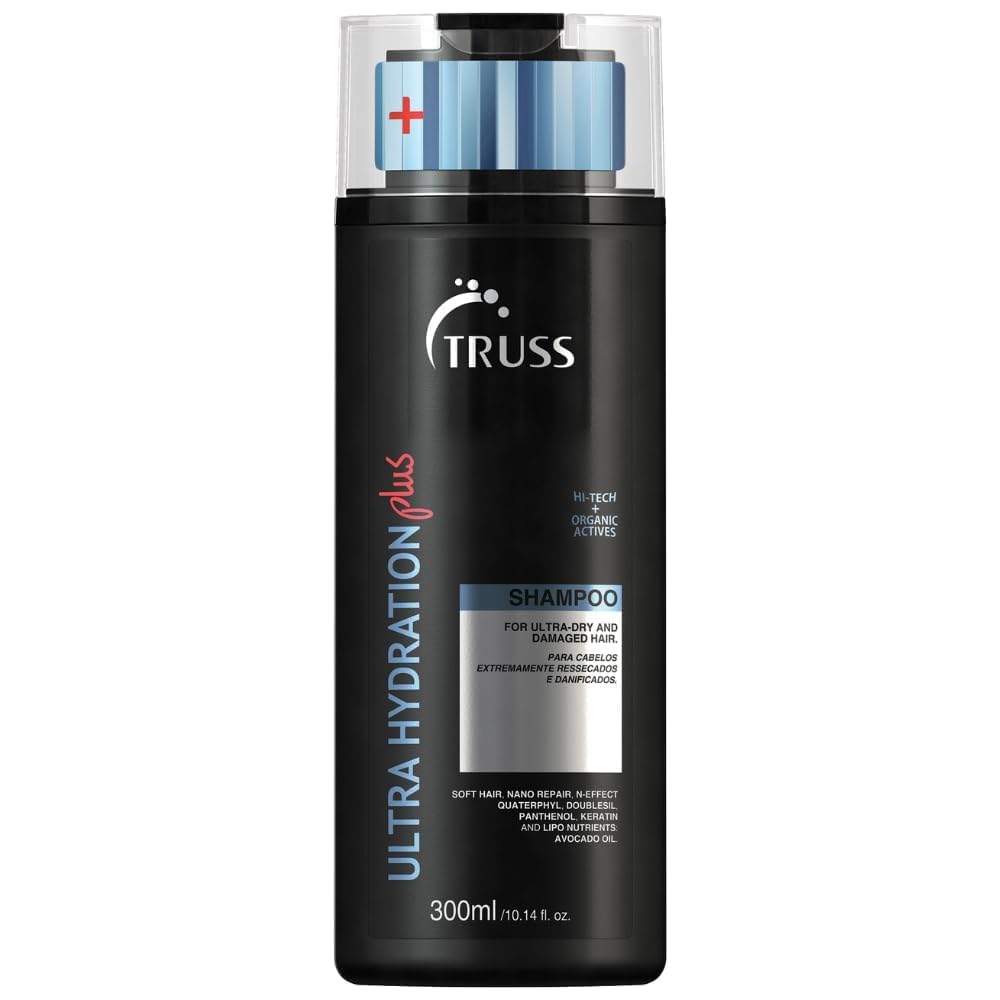TRUSS Ultra Hydration Plus Shampoo bottle pour detail shows nourishing, color-treated hair benefits.
