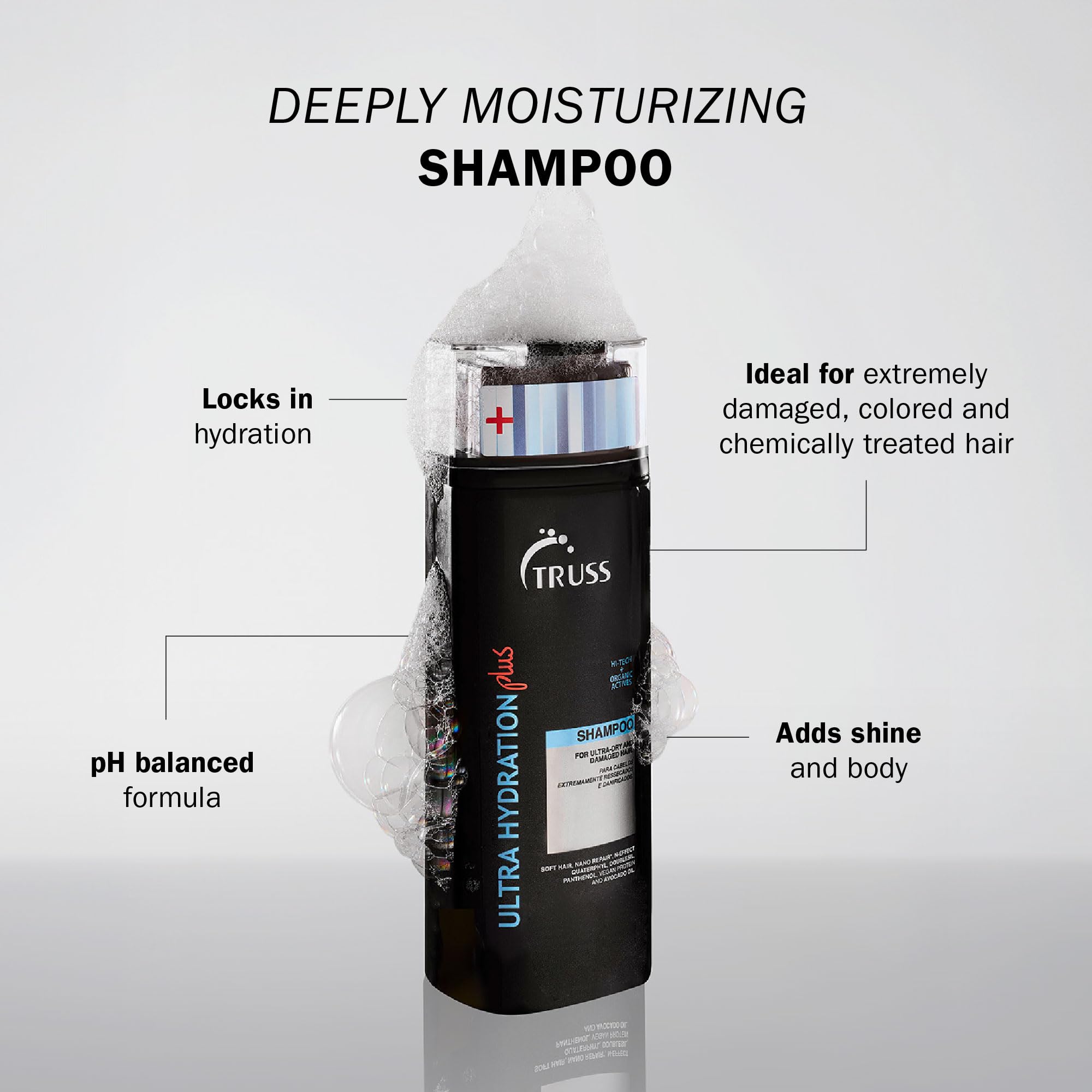 TRUSS Ultra Hydration Plus Shampoo lather closeup reveals rich foam for gentle cleansing.