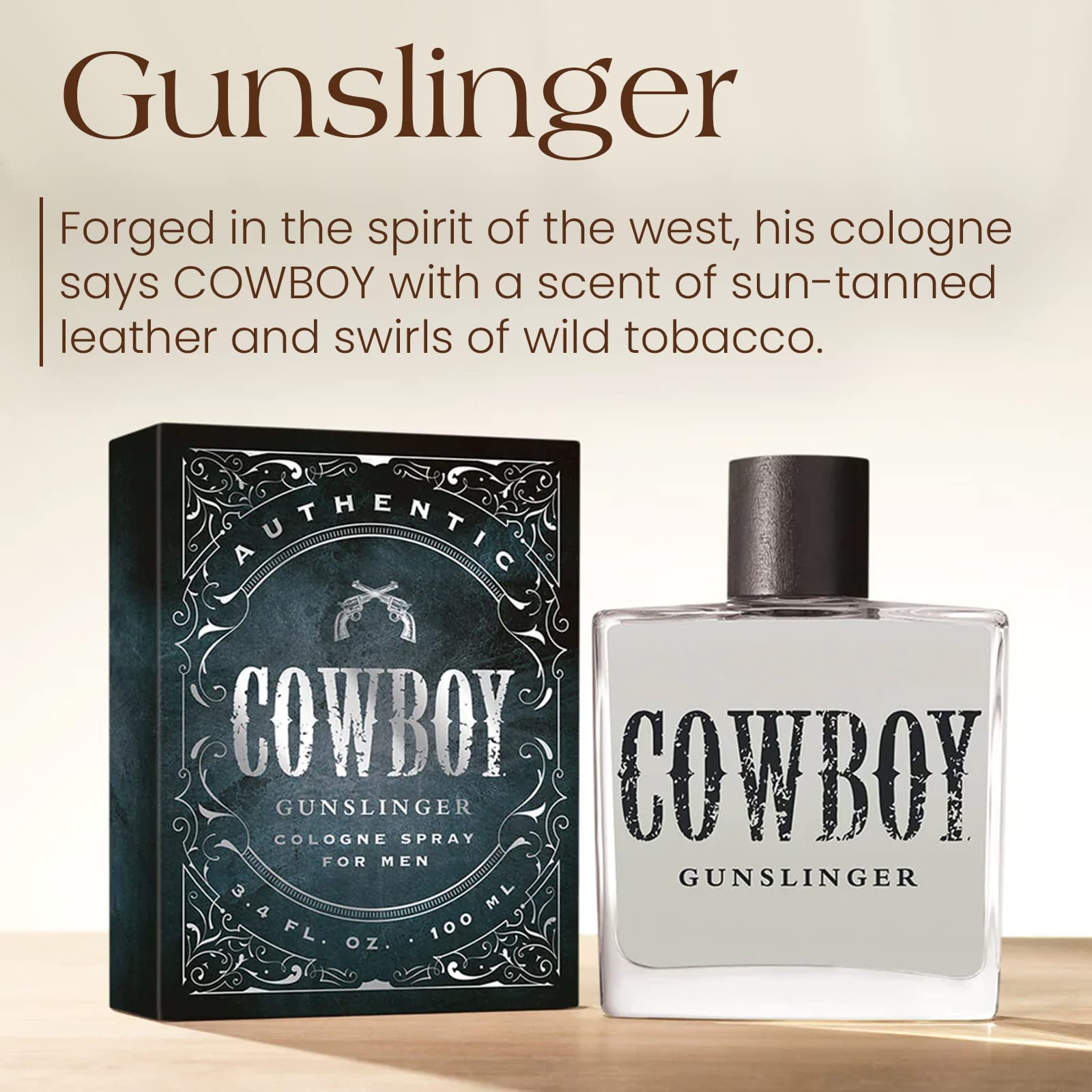 Tru Western Cowboy Gunslinger bottle angled highlights rugged style and lasting fragrance