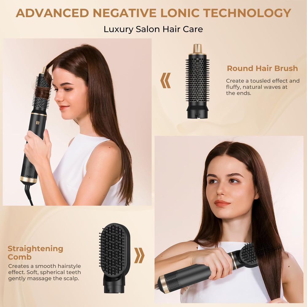 Trylater Hair Dryer Brush 5-in-1 ionic-airflow reduces frizz while styling for glossy results.