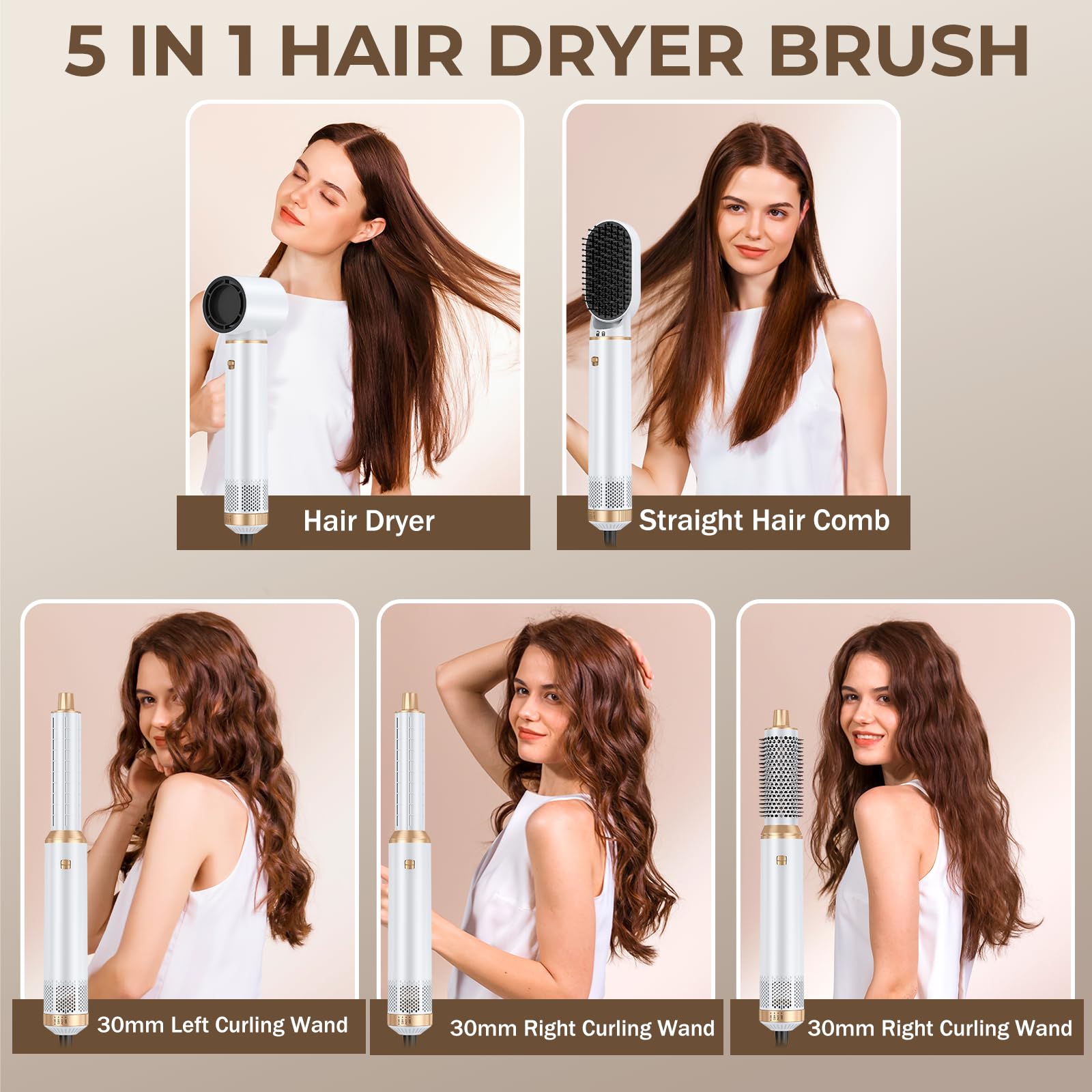 Trylater hot air brush—135 mph airflow for smooth, frizz-reducing styling.