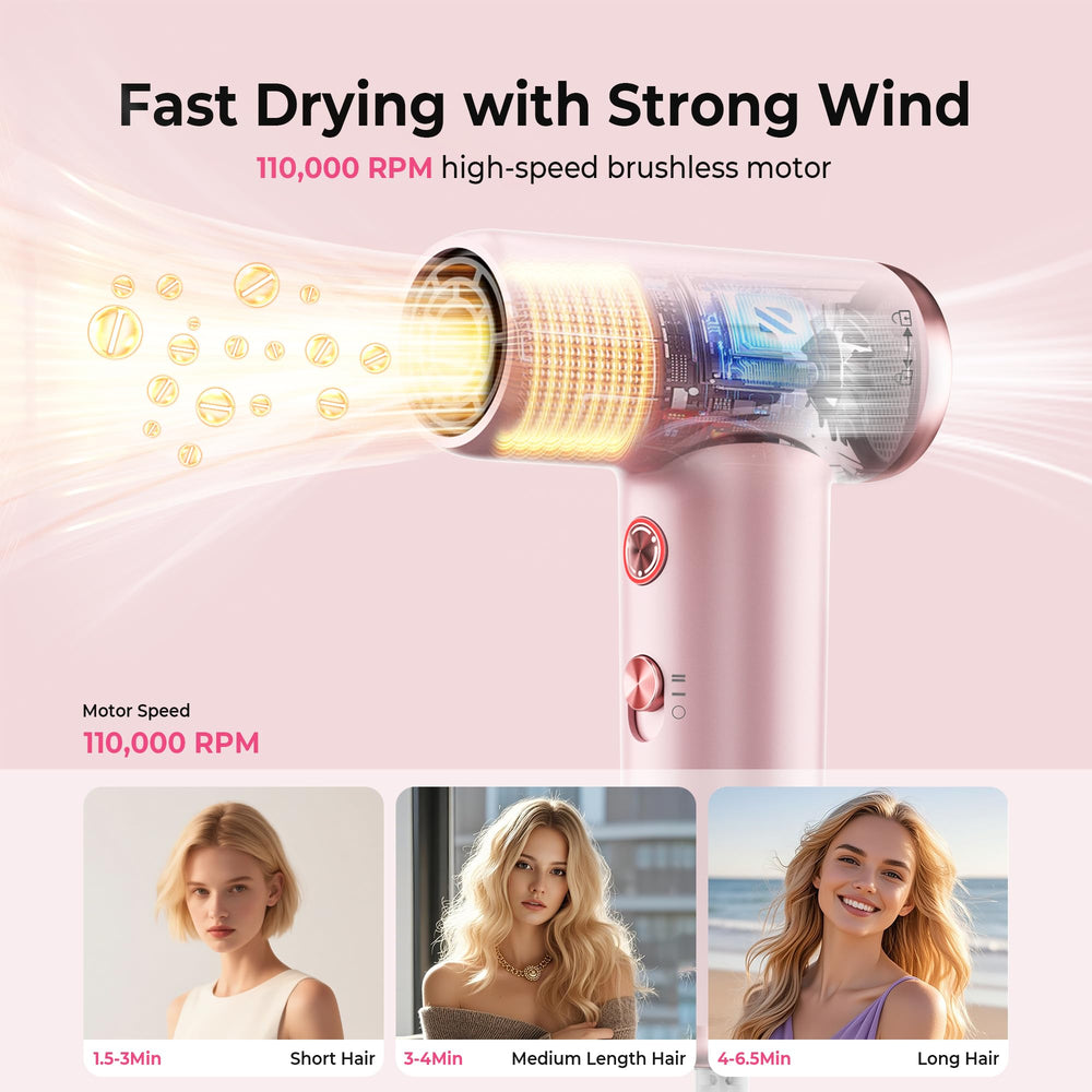 Trylater mini hair dryer ionic technology for frizz reduction during styling.