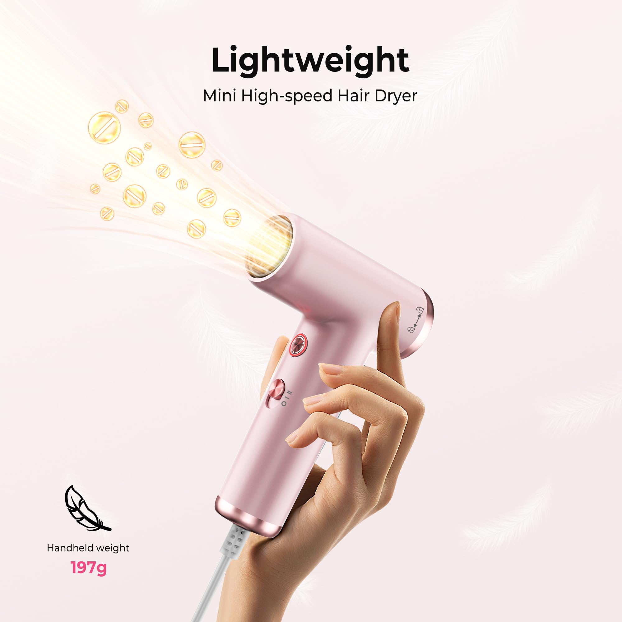 Trylater mini hair dryer self-cleaning mode and safety protections.