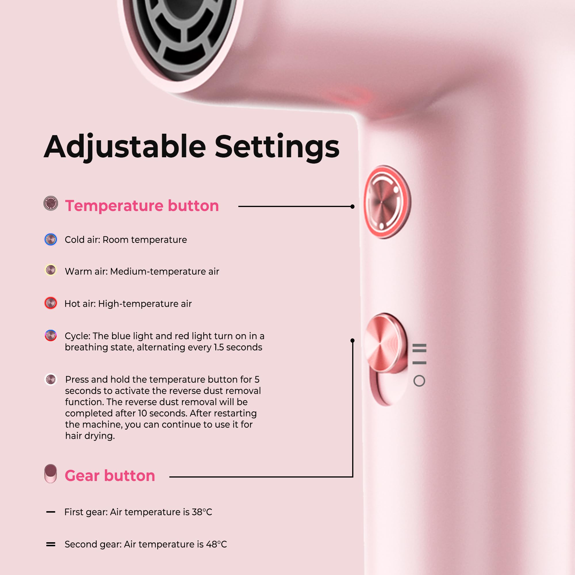 Trylater mini hair dryer two-speed ion control for customized airflow.