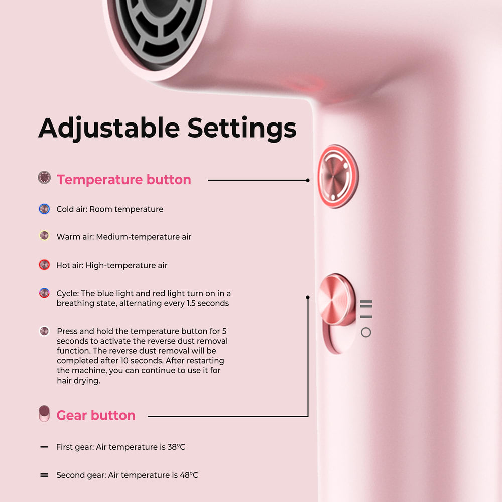 Trylater mini hair dryer two-speed ion control for customized airflow.