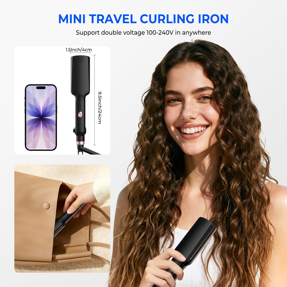 Trylater mini hair waver shows negative ions for smoother results.