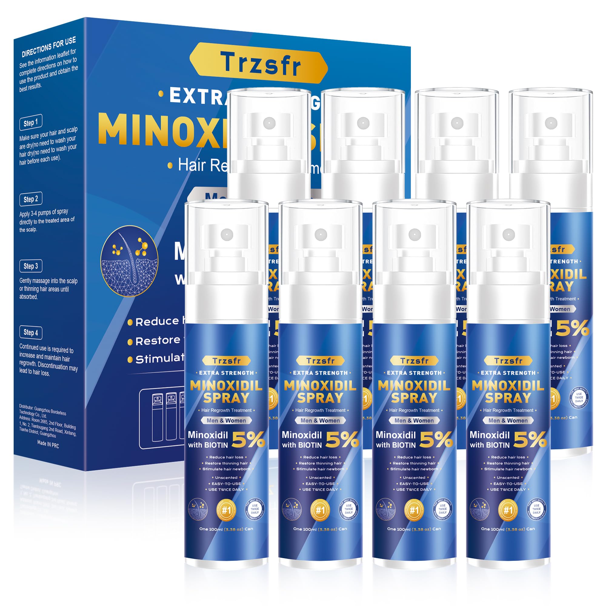 Trzsfr 5% Minoxidil spray bottle for easy daily application on thinning areas.
