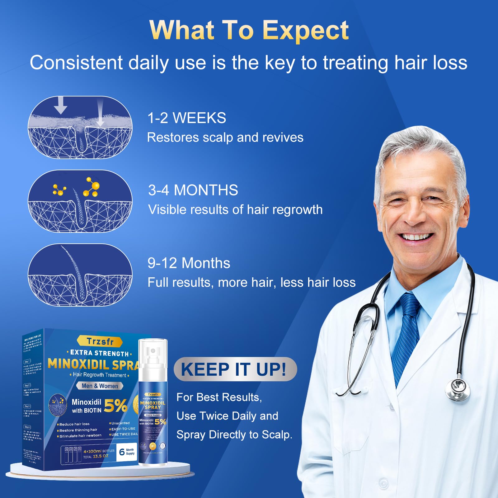 Trzsfr Ergonomic nozzle enables precise targeting of hair-loss zones during use.