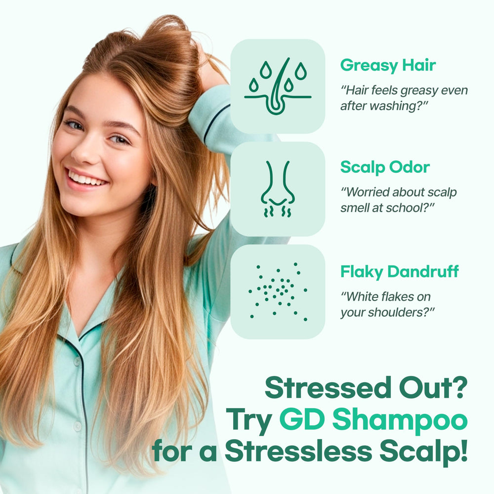 Teen using TS GD Shampoo during shower for gentle, oil-balanced cleanse.