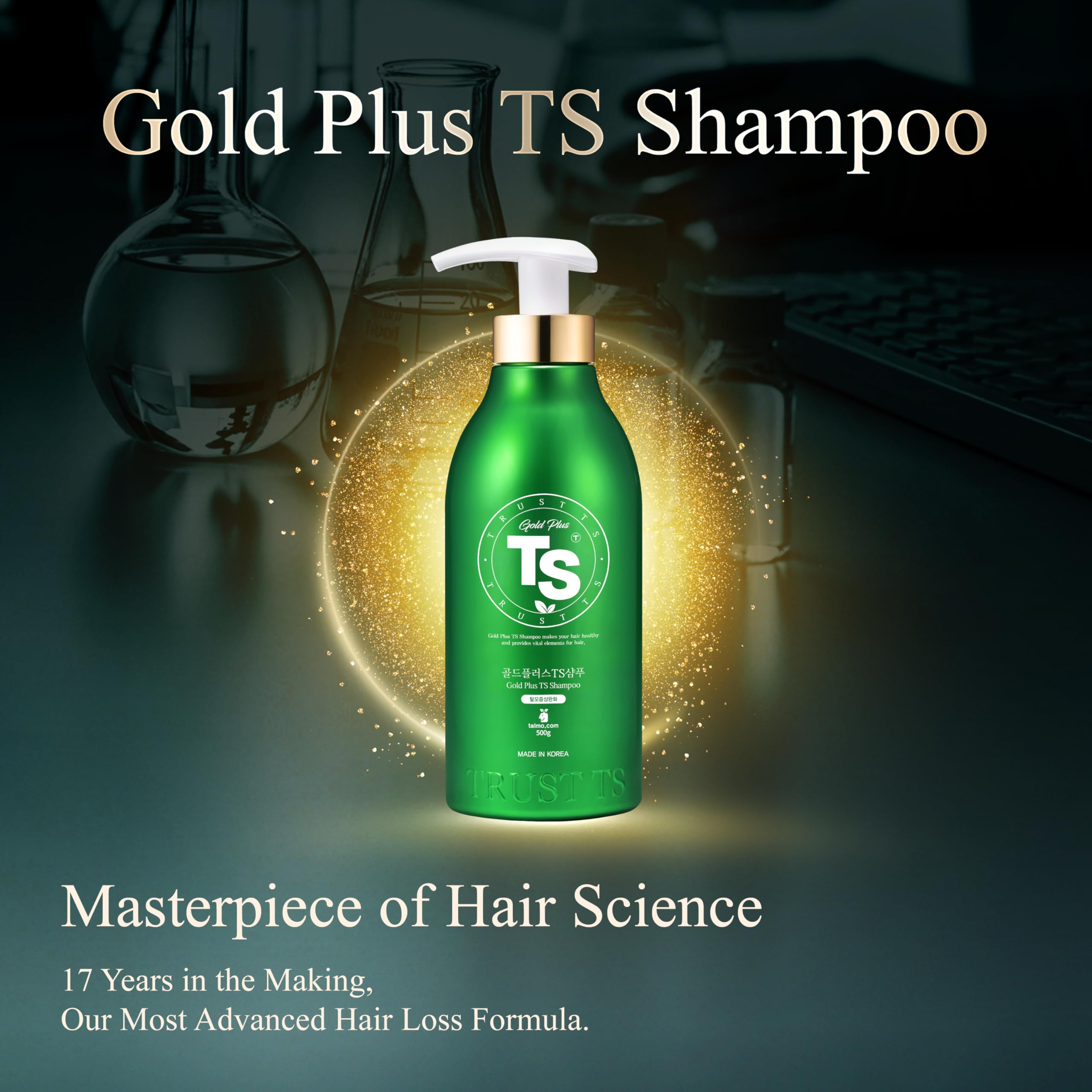TS Gold Plus Shampoo root-volume shot hints at natural lift.