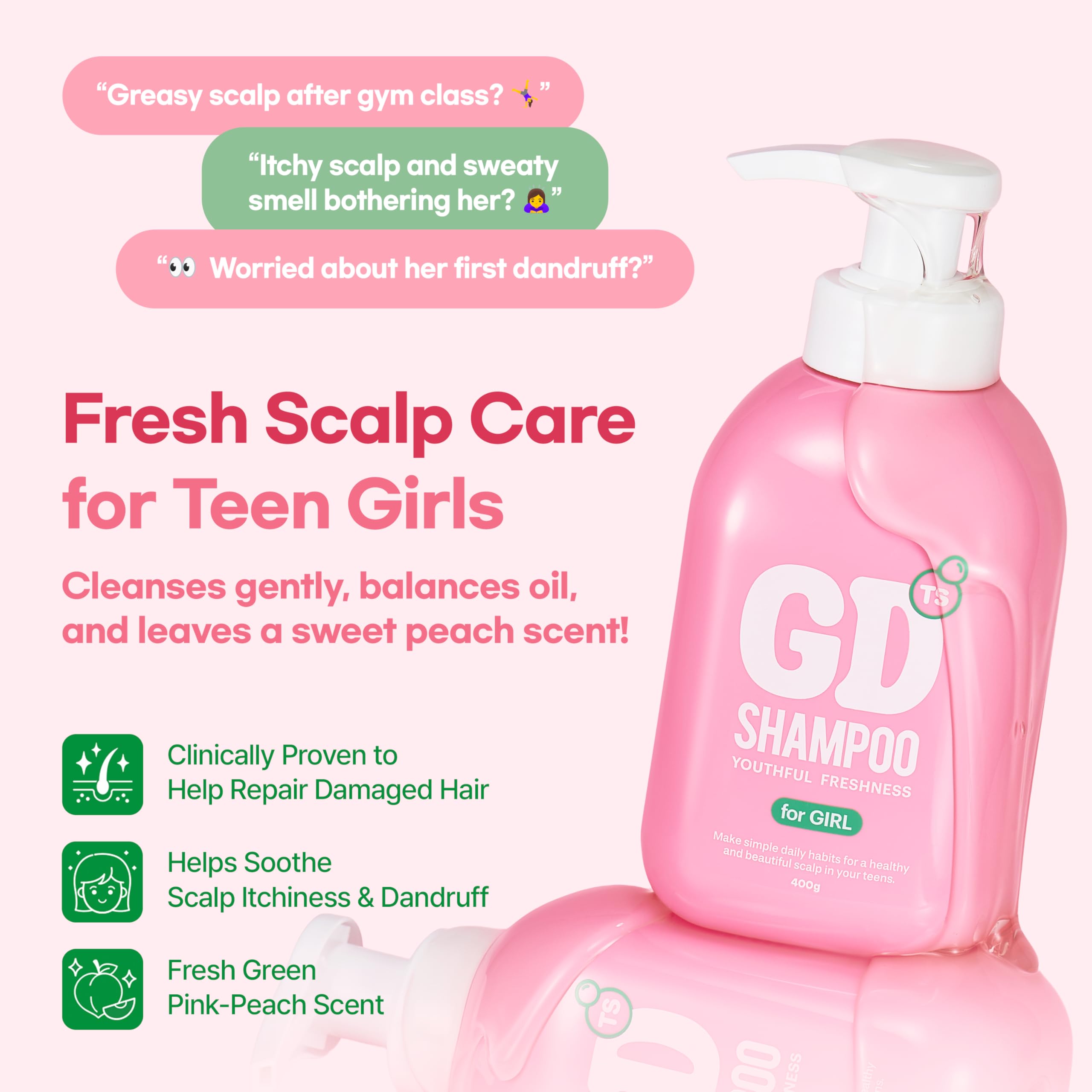 TS GD Shampoo bottle back label explains sulfate-free, fragrance-safe ingredients for sensitive teens.