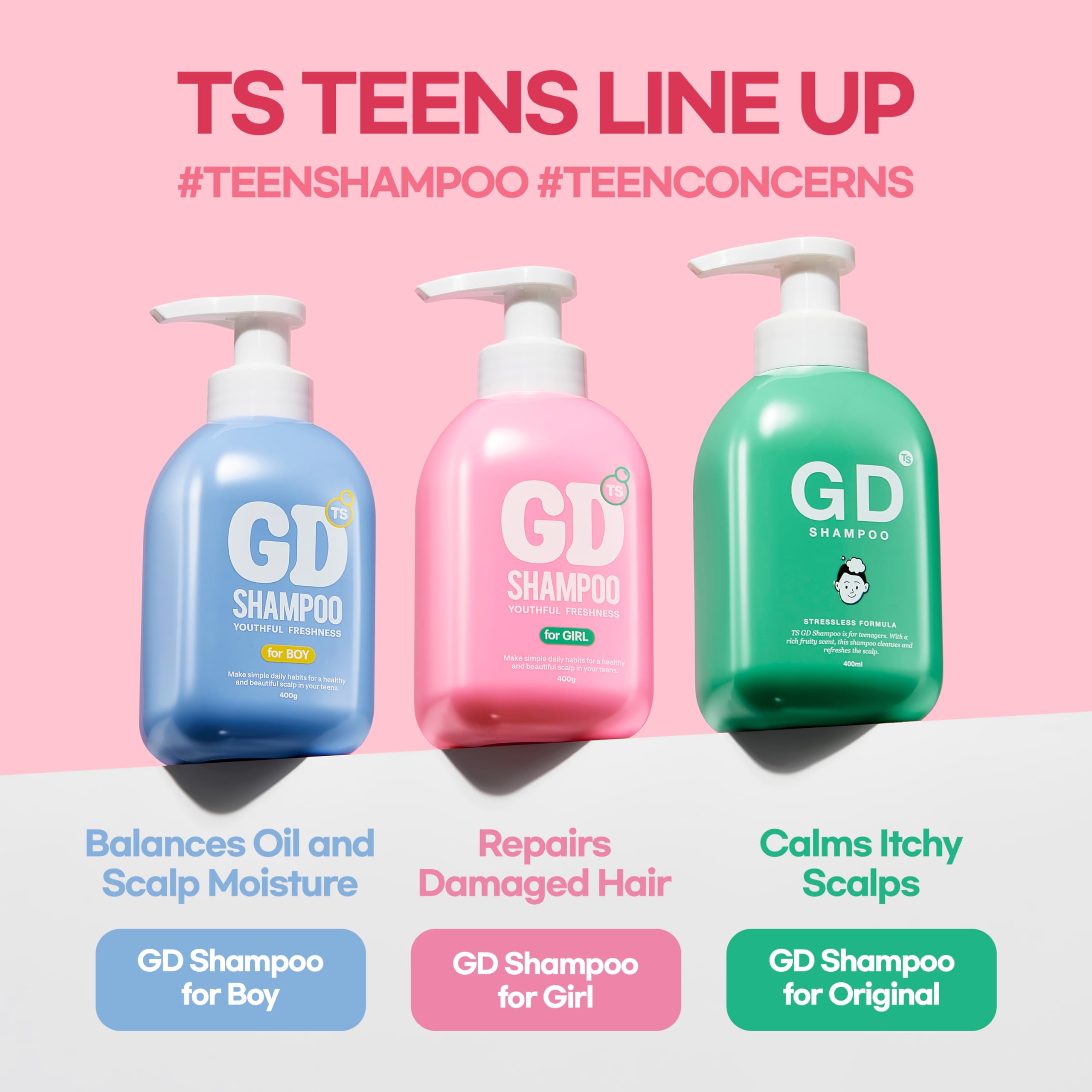 TS GD Shampoo daily-use setting shows teen-friendly routine for cleaner, balanced scalp.