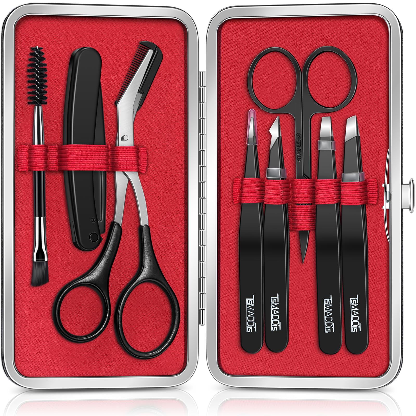 TsMADDTs Eyebrow Kit contents laid out for precise shaping and grooming