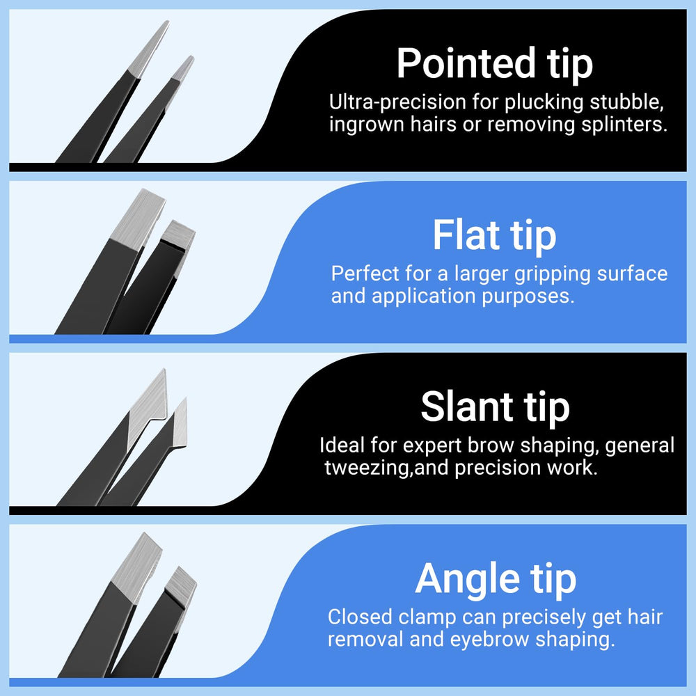 TsMADDTs tweezers with varied tips enable precise hair removal