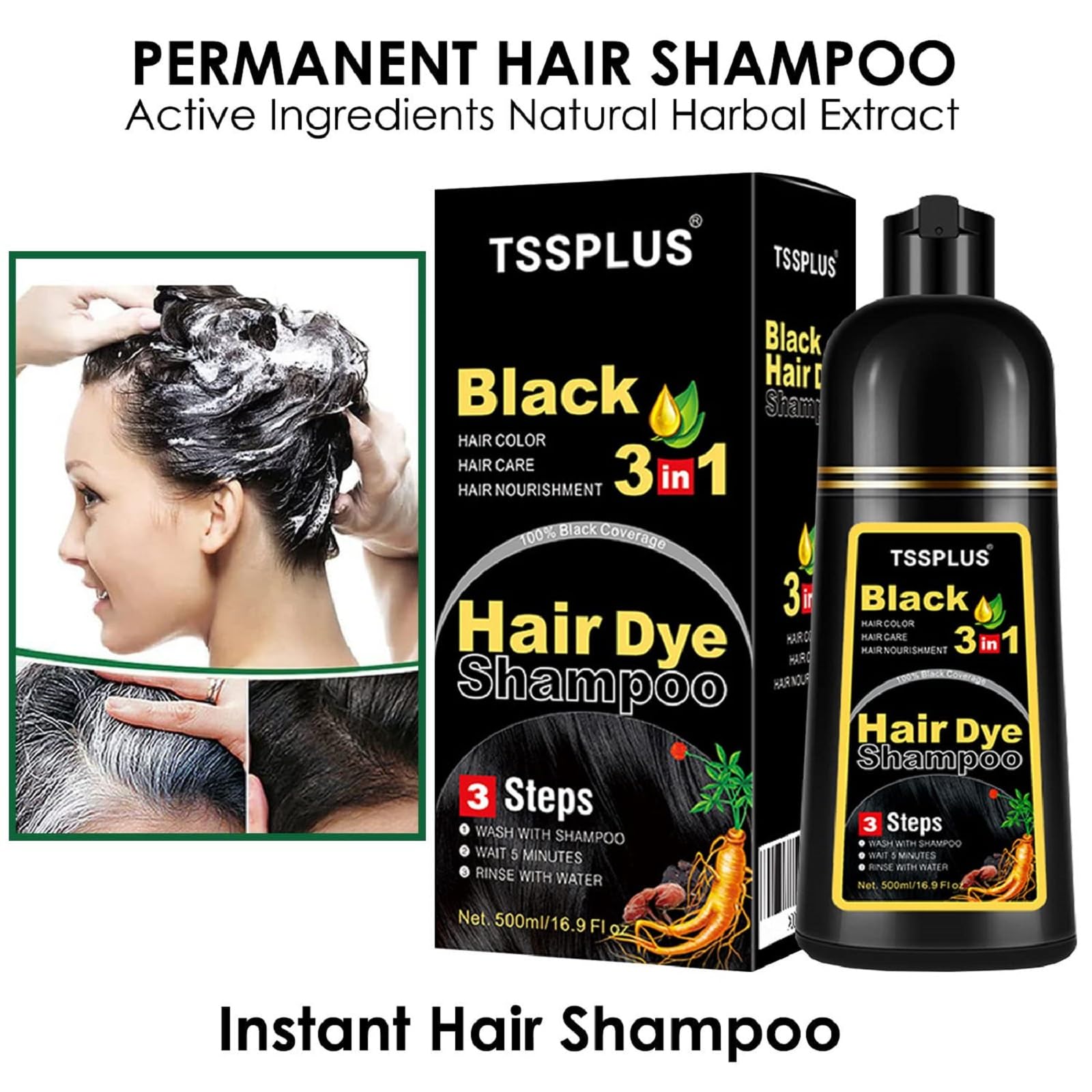TSSPLUS Black Hair Dye Shampoo 20-minute wait yields best shade.