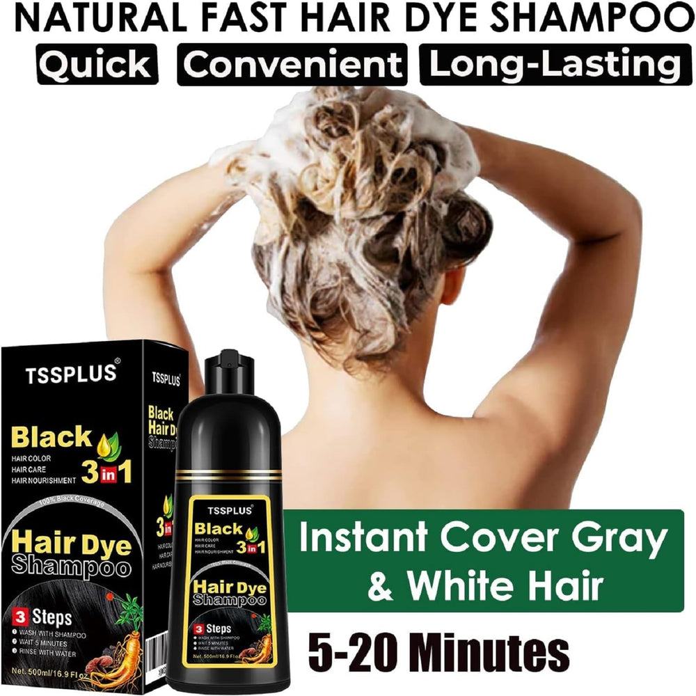 TSSPLUS Black Hair Dye Shampoo 5-10 minute application highlights easy at-home color.