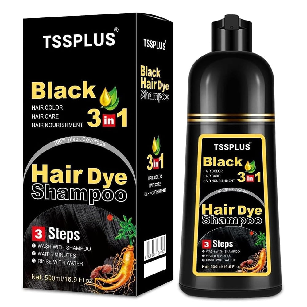 TSSPLUS Black Hair Dye Shampoo bottle demonstrates at-home gray coverage convenience.