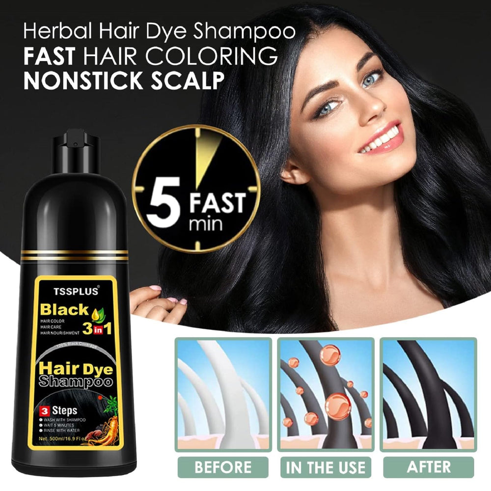 TSSPLUS Black Hair Dye Shampoo gray-hair-coverage close-up shows natural shine.
