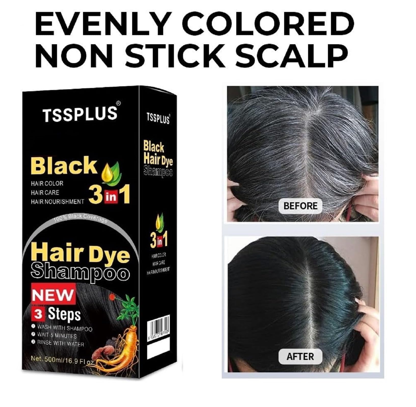 TSSPLUS Black Hair Dye Shampoo suitable for both men and women.