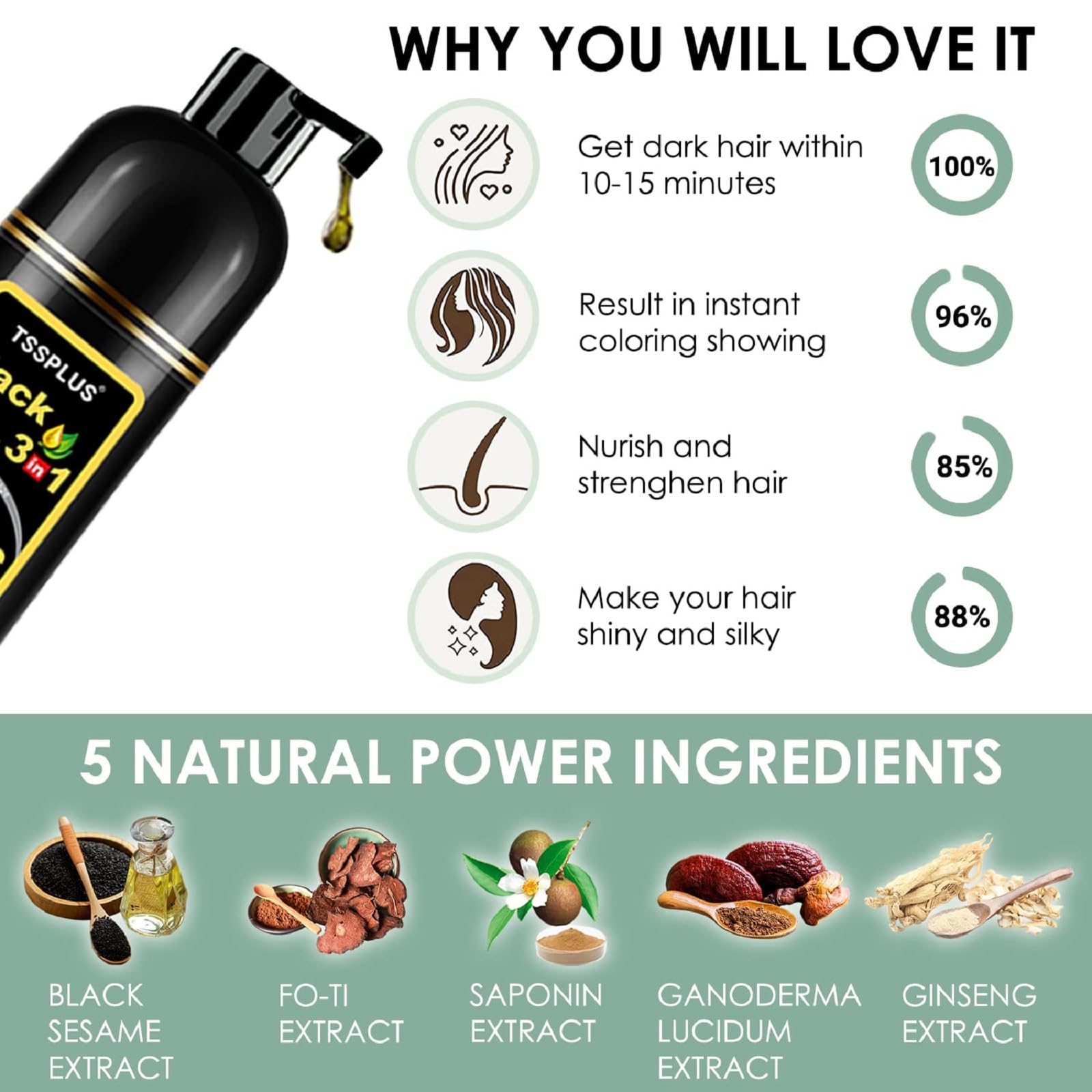 TSSPLUS Black Hair Dye Shampoo natural-herbal-extracts nourish hair fibers and scalp.
