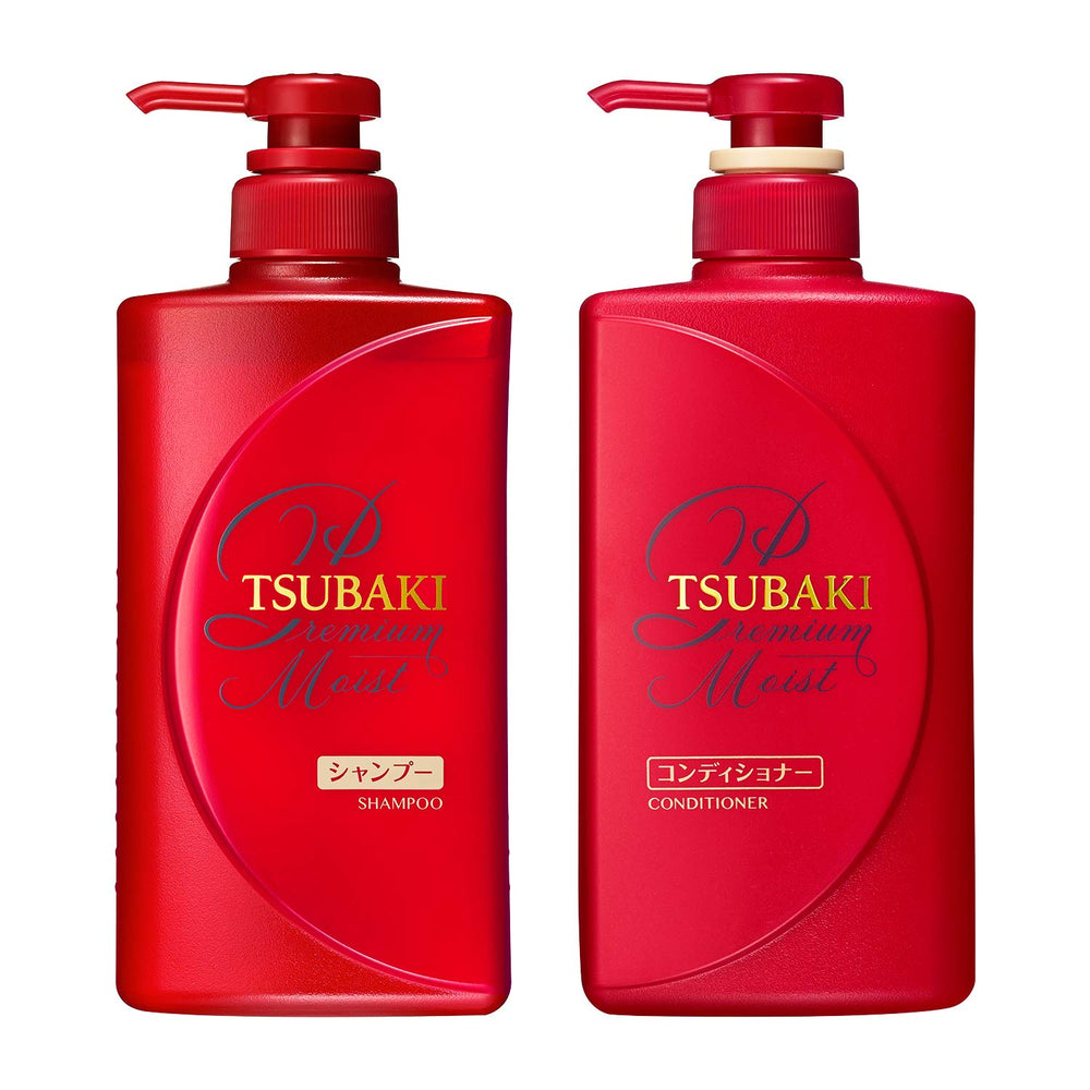 Tsubaki Moist Shampoo bottle promoting hydrated, silky hair.