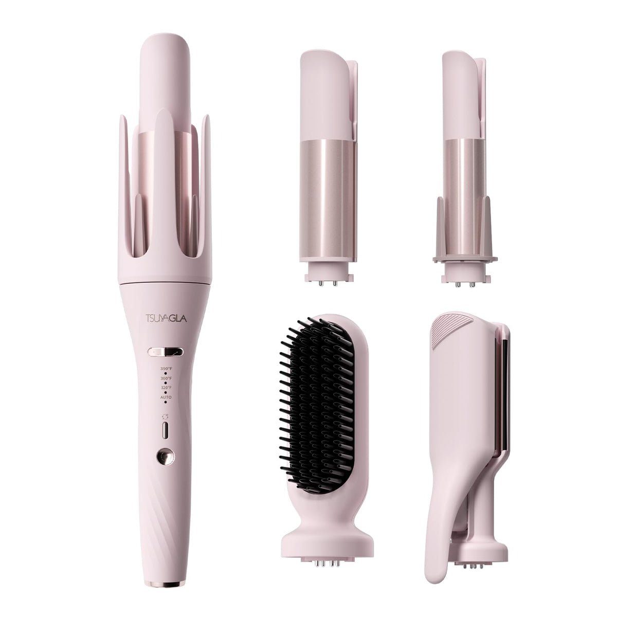 Tsuyagla 5in1 auto curling iron set showing interchangeable barrels for versatile styling